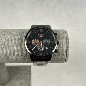 Lige Watch Mens Black 39mm Chrono Day Night Phase Date 7.5" Quartz New Battery